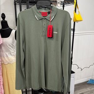 HUGO Olive Long Sleeve Polo Shirt